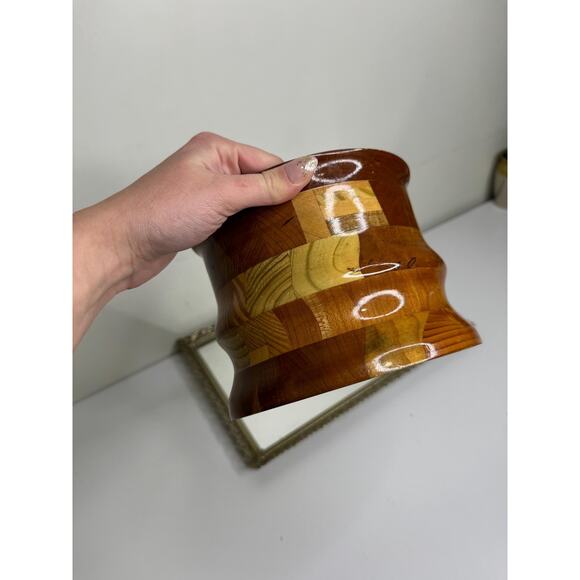 Stunning Vintage Handcrafted Turned Segmented Inlaid Wood Decorative Vase Bowl - Picture 5 of 9